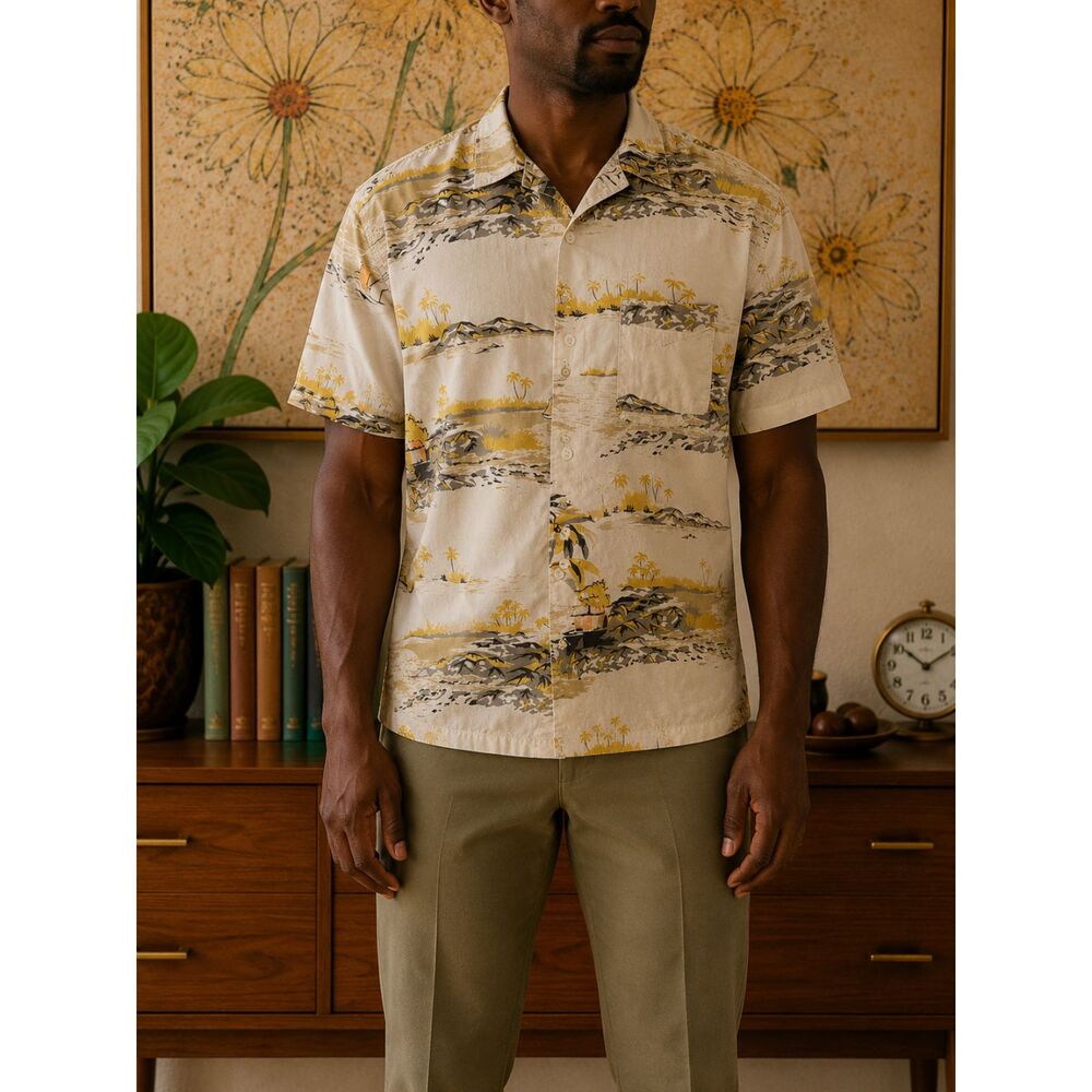 Old Navy Mens Hawaiian Tropical Palm Tree Button Up Shirt Size XXL Cream